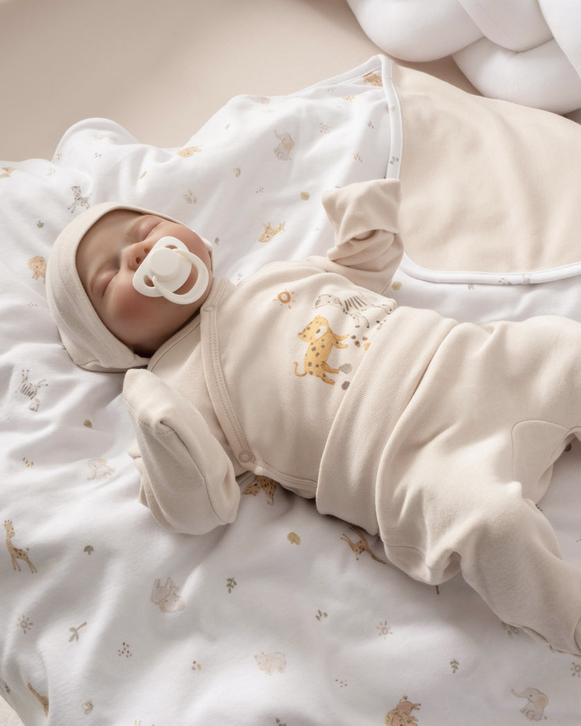 Yenidoğan Kimono Uzun Kollu Zıbın Mini Set 3 Parça - Safari Ekru