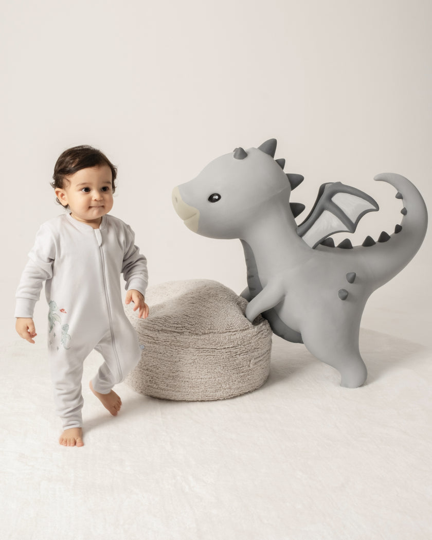 Fermuarlı Bebek Tulumu - Dragons Gri