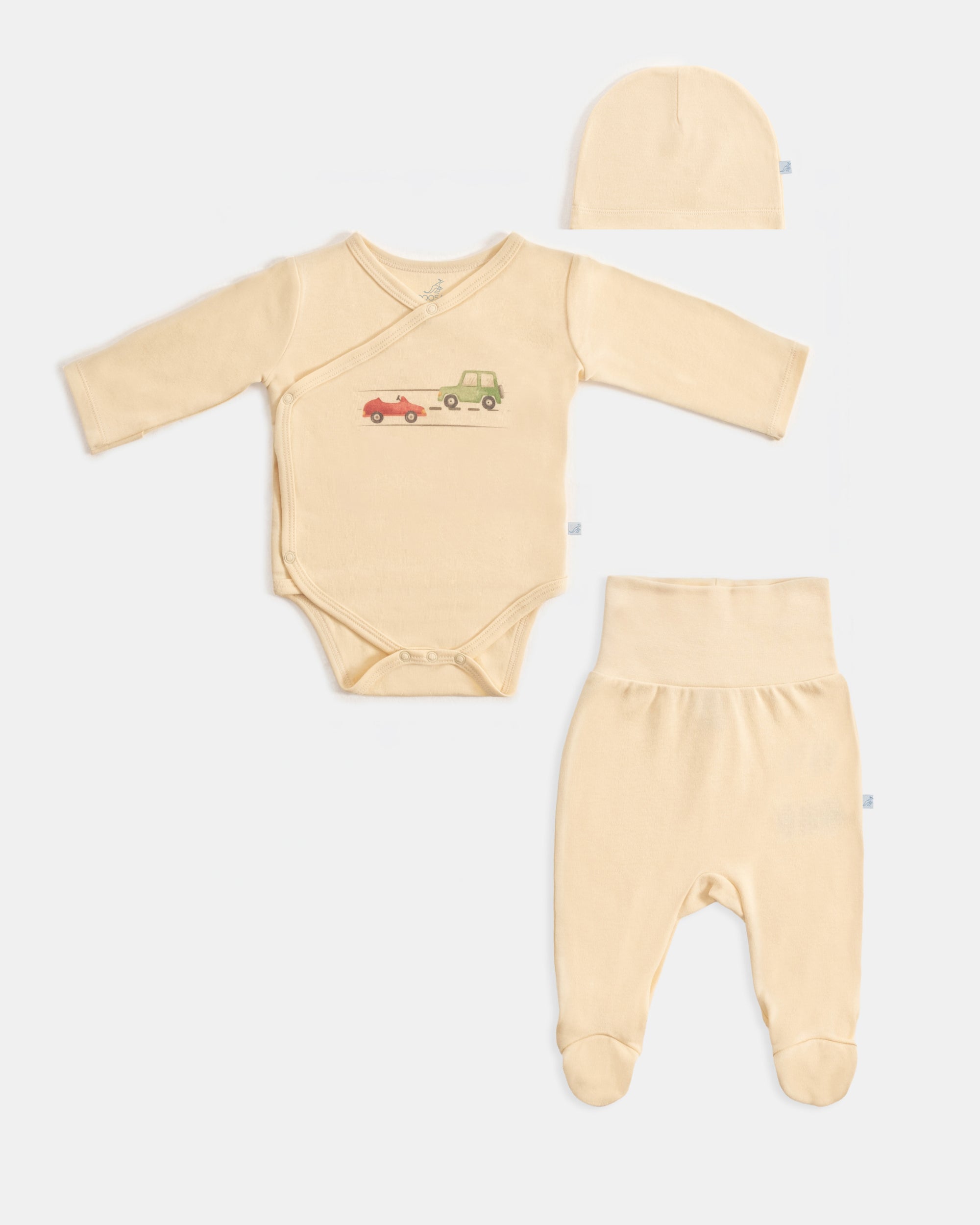 Yenidoğan Kimono Uzun Kollu Zıbın Mini Set 3 Parça - Cars Sarı