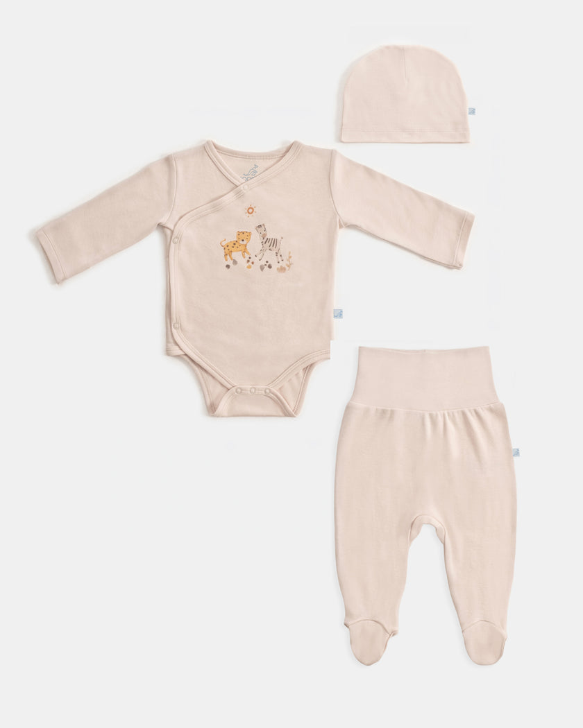 Yenidoğan Kimono Uzun Kollu Zıbın Mini Set 3 Parça - Safari Ekru
